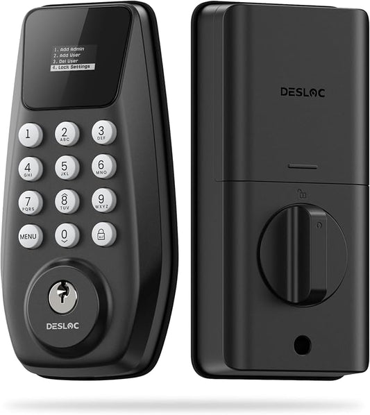 DESLOC C100 Keyless Entry Door Lock with Visual Display, Auto Lock | Create 100 Customizable User Codes and 4 One-Time Codes, 12-Month Battery, IP54, Easy Installation, BHMA Grade 3, Black