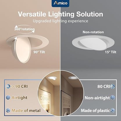 Amico 12 Pack 3 Inch 5CCT Gimbal LED Recessed Lighting, 360°&90°Adjustable Eyeball Directional Downlight, Dimmable, 2700K/3000K/3500K/4000K/5000K Selectable, 8W 600LM CRI90+, White, ETL&FCC