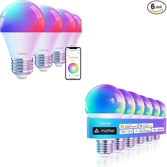Linkind Matter Smart Light Bulbs 6 Pack Smart Light Bulbs 4 Pack RGBTW Color Changing Light Bulbs