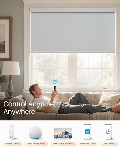 Smart Roller Shades for Windows, Alexa Blackout Motorized Blinds with Remote Control, Easy Install Automatic Electric Blinds for Indoor (32" W x 72" H, Gray)
