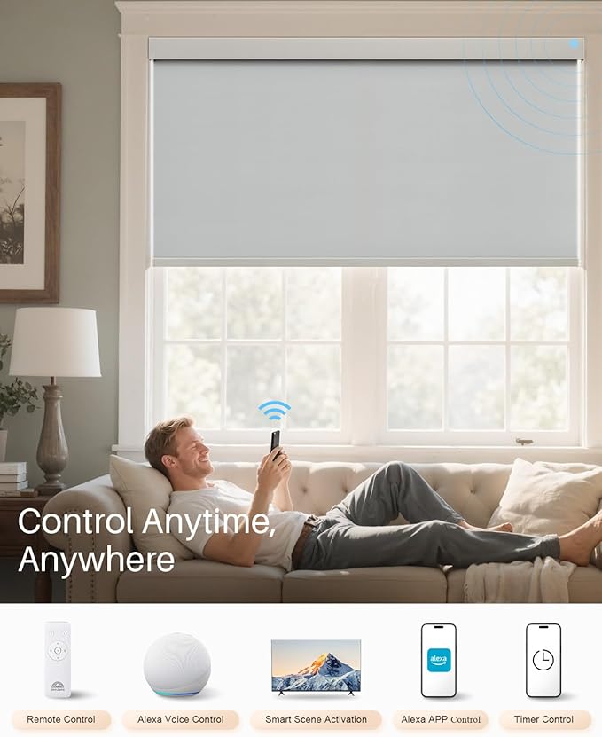 Smart Roller Shades for Windows, Alexa Blackout Motorized Blinds with Remote Control, Easy Install Automatic Electric Blinds for Indoor (37" W x 72" H, Gray)