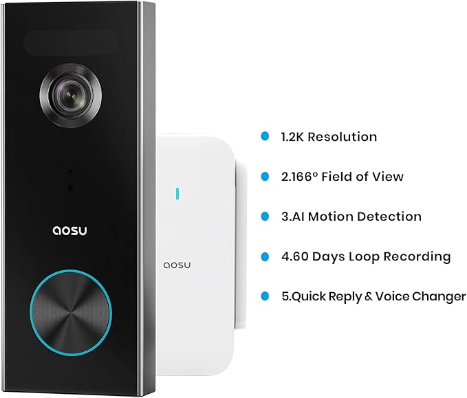 AOSU 2K Doorbell Camera Wireless Bundle 360-Degree 2K Security Camera Indoor, Home Wireless Security System Compatible with Alexa and Google Assistant, 24/7 Secure Your Home Inside and Out