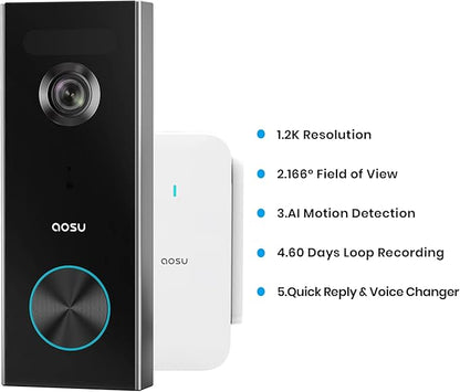 AOSU 2K Doorbell Camera Wireless Bundle 360-Degree 2K Security Camera Indoor, Home Wireless Security System Compatible with Alexa and Google Assistant, 24/7 Secure Your Home Inside and Out