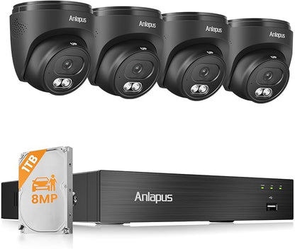 Anlapus 4K Home Security Camera System Outdoor Indoor, H.265+ 8CH CCTV DVR with AI Human Vehicle Detection, 4 x Wired Surveillance Dome Camera, 80ft Night Vision, Audio Recording, Remote Access