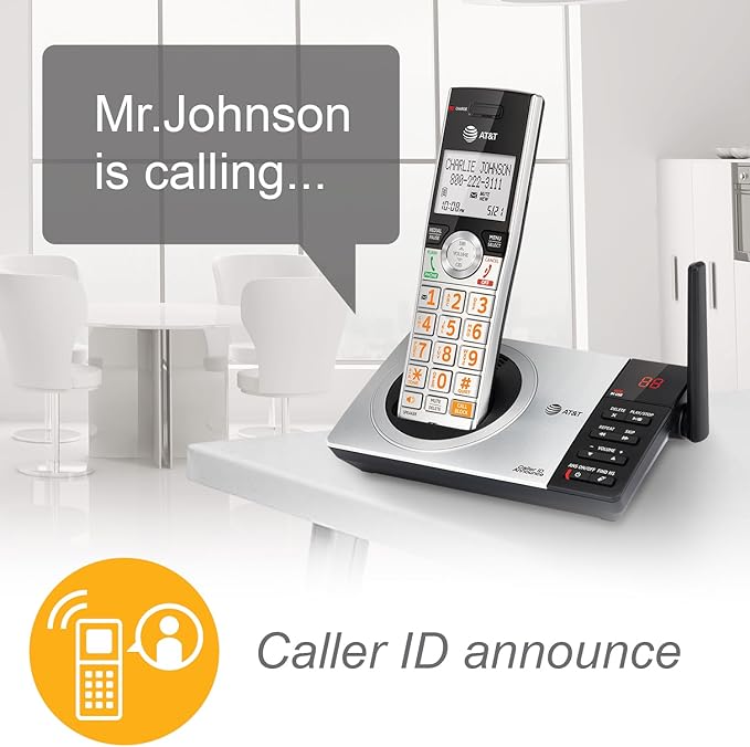 AT&T CL82407 DECT 6.0 4-Handset Cordless Phone with Smart Call Blocker, Answering Machine, Caller ID Announce, Long Range, Expandable, Silver/Black