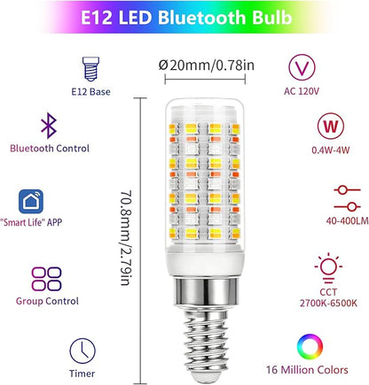 E12 LED Bulb, Smart Bluetooth RGB Color Changing Light Bulb with APP Control, AC 120V, 4W 400LM, 2700K-6500K Dimmable White,16 Million Colors,Brightness 1-100%,Timing & Music Mode (2 Pack, Bulbs Only）