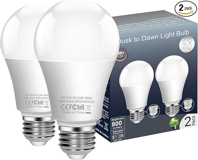 Dusk to Dawn Light Bulb,Build in Light Sensor Detector,9W(60W Equivalent),A19 Photocell Sensor Bulb,No Timer Required,3000K Warm White,for Indoor or Outdoor Use,Boundary,Garage,Patio,2-Pack by Boxlood