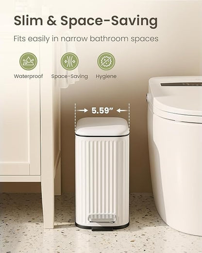 Cesun Bathroom Small Trash Can with Lid Soft Close - 1.3 Gallon Slim Garbage Can with Removable Inner Bucket, Stainless Steel Waste Basket with Step Pedal for Bedroom, Living Room, Office, White