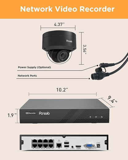 Security Camera System PoE, 8PCS 5MP Wired IP IK10 Vandal-Proof PoE Dome Camera, AI Human Detection, Remote Access, 100ft IR Night Vision Built-in Mic, 4K 8CH NVR 2TB HDD, PD54B0808-5M