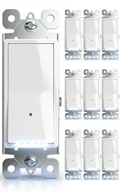 10Pack SOZULAMP-Illuminated-Light-Switch with Night Light, No Neutral Wire, Single Pole Decorator Rocker Switch, Dusk to Dawn LED Guide Light for Hallway Bathroom Stairs, 15A 120/277V, White