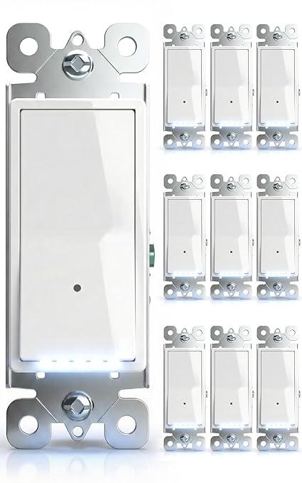 10Pack SOZULAMP-Illuminated-Light-Switch with Night Light, No Neutral Wire, Single Pole Decorator Rocker Switch, Dusk to Dawn LED Guide Light for Hallway Bathroom Stairs, 15A 120/277V, White