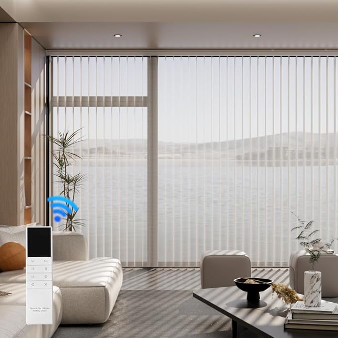 Motorized Sheer Vertical Blinds with Remote, Light Filtering Vertical Blind Sliding Door Blinds Remote Control Blinds for Sliding Glass Door Customize, Coffee