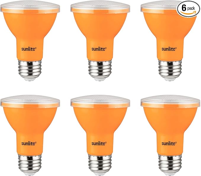Sunlite - Amber LED PAR20 Reflector Light Bulb, 2 Watts, 120 Volts, Medium Base, 30,000 Hour Lamp Life, 30 Lumens, Narrow Flood, 30° Beam Angle, Indoor/Outdoor (6 Pack)