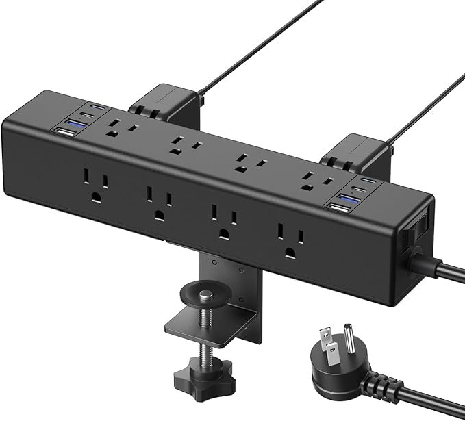 CCCEI Desk Outlet Station 20W USB C Port. 12 Outlet Desktop Clamp Power Strip Surge Protector 4800J with Switch. Nightstand Office Standing Desk Accessories, Fit Thicker Table Edge or Screw Mount, 4FT