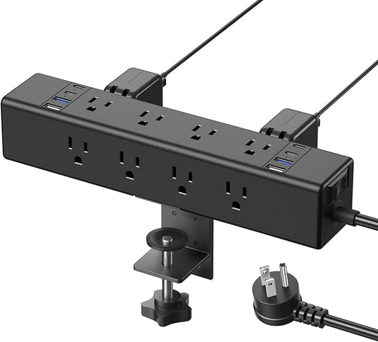 CCCEI Desk Outlet Station 20W USB C Port. 12 Outlet Desktop Clamp Power Strip Surge Protector 4800J with Switch. Nightstand Office Standing Desk Accessories, Fit Thicker Table Edge or Screw Mount, 4FT