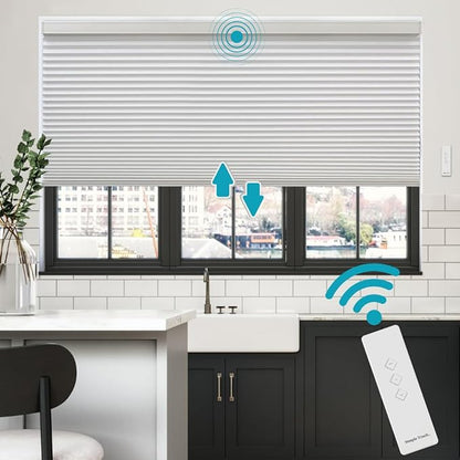 BlindsAvenue Simply Motorized Cellular Shades with Remote Control, Automatic Electric Cordless Wireless Blinds for Indoor Window, Blackout Blind, Color: White Dove, Size: 62" W x 48" L