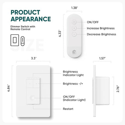 TREATLIFE Dimmer Switch with Magnetic Remote, Wireless Light Switch, Single Pole Dimmer Light Switch, Neutral Wire Required, Works with Dimmable LED/CFL/INC, 400W Max