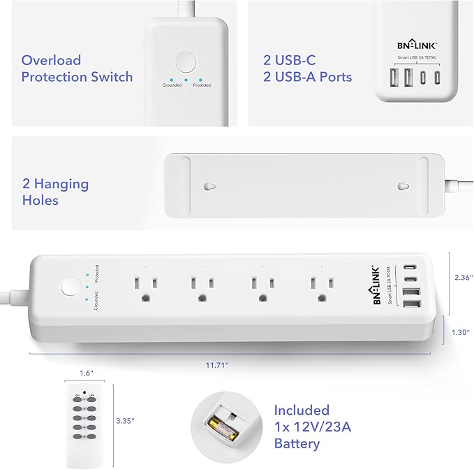 BN-LINK Remote Control Power Strip with 4 Independent Outlets，4 USBs (incl. 20W USB-C), 3.9Ft Extension Cord, 15A/1875W Overload Protection, Wall Mount, for Home, Office, ETL Listed, 1200J