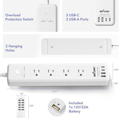 BN-LINK Remote Control Power Strip with 4 Independent Outlets，4 USBs (incl. 20W USB-C), 3.9Ft Extension Cord, 15A/1875W Overload Protection, Wall Mount, for Home, Office, ETL Listed, 1200J