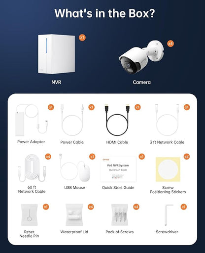 4K PoE Wired Security Camera System with NVR, 4× 8MP Outdoor Cameras, 24/7 Local Recording, No Monthly Fees, AI Human & Vehicle Detection, 2TB HDD Included, IP67, for Home & Small Business