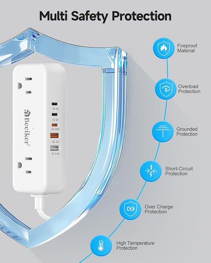 Beeiker 30W 3 USB C Travel Power Strip- 5Ft Extension Cord with 5 USB and 4 Outlets, Compact Flat Plug Small Extension Cord for Travel Cruise College Dorm Office White