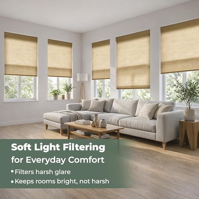 ZSHINE Motorized Linen-Look Roller Shades for Windows, Rechargeable Smart Light Filtering Blinds Compatible with Alexa (82189B)
