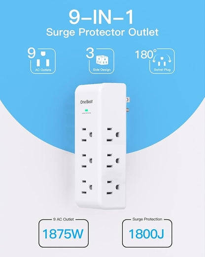 2 Pack Surge Protector Outlet Extender, 9 AC Multi Outlet Wall Plug with Rotating Plug, 1800J Wall Charger, 3-Sided Power Strip Electrical Plug Adapter Outlet Splitter for Home Office Dorm,White