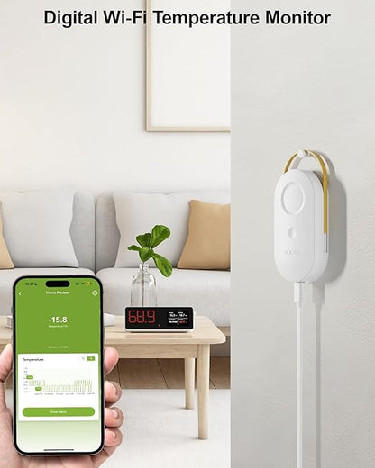 MOCREO WiFi Freezer Thermometer with Freezer Alarm, Screen Display, App Email Buzzer Alerts, Power Outage Alert, Ultra-Flat Probe, 2 Sensors, Remote Temperature Monitor for Home Kitchen Garage