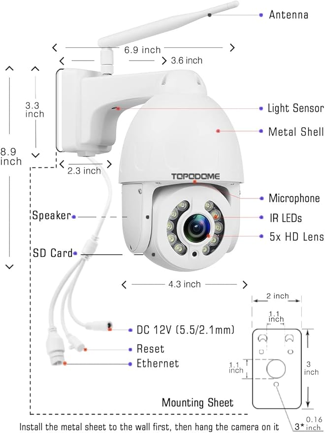 5MP PTZ Security Camera Outdoor Motion Tracking, Floodlight Surveillance IP Dome RTSP Camera Wireless WiFi, 5X Optical Zoom, Color Night Vision, 2-Way Audio, Support SD Card IP66 White
