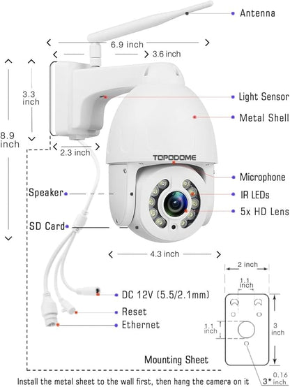 5MP PTZ Security Camera Outdoor Motion Tracking, Floodlight Surveillance IP Dome RTSP Camera Wireless WiFi, 5X Optical Zoom, Color Night Vision, 2-Way Audio, Support SD Card IP66 White