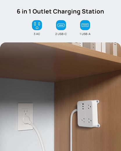 TROND 3FT Short Extension Cord, Ultra Thin Flat Plug Power Strip with 2 USB C, 3 AC Widely Spaced Outlets, Wall Mount Power Cord for Furniture, Screw on Wall Outlet Behind TV, Couch, Cabinet