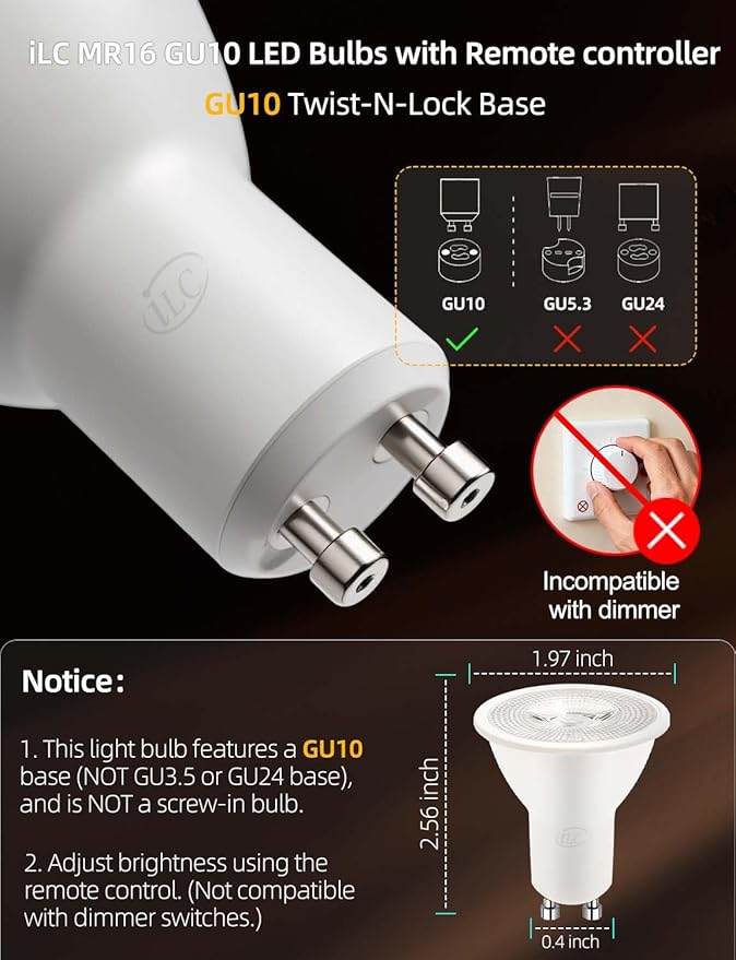 ILC GU10 LED Light Bulb, 40 Watt Equivalent Color Changing 12 Colors 5W Dimmable Daylight White 5000K RGB LED Light Bulbs with Remote Control (Pack of 4)