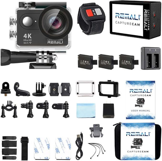 REMALI CaptureCam 4K60FPS Waterproof Action Camera 21-Piece Complete Kit and 3 Batteries — Amazing Family Sports Camera That Captures Best Moments — Great for Baseball, Fishing & Travel Adventures