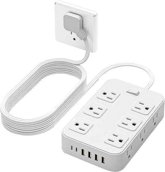 Flat Plug Power Strip Surge Protector with 12 AC Outlets 6 USB Ports 3 Side Multi Plug Outlet Extender 10 Ft Extension Cord for Home Office Kitchen Dorm Wall Desk Charging Station ETL Listed