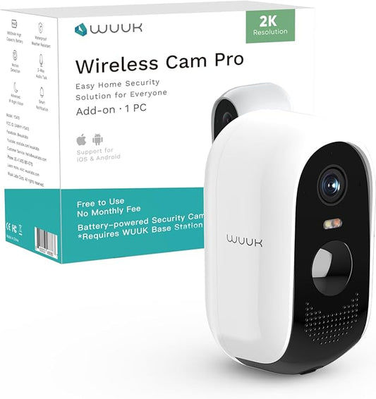WUUK Add-on Security Camera Wireless Outdoor, Requires Base Station, Home Security Cameras Wireless Outdoor, 2K, No Monthly Fee, Motion Alert, Night Vision, Compatible with Alexa & Google