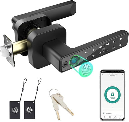 FITNATE Smart Fingerprint Door Lock, Keyless Entry Door Lever with APP, IC Card, Code, Key & Biometric Unlock for Bedroom, Home, Hotel, Office, Apartment, Matte Black