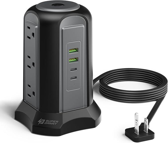 Power Strip Tower Surge Protector, SUPERDANNY Desktop Charging Station, 6.5 Ft Flat Plug Extension Cord, 9 Outlets, 4 USB (2 USB-C), 1080J, Multiple Protections Outlet Extender for Home, Office, Dorm