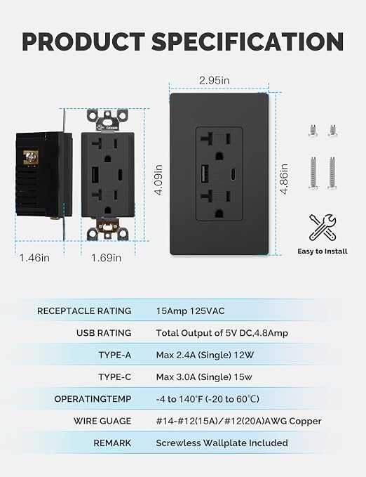 MOES USB Wall Outlet 20 Amp, USB-C and USB-A 24W Charging, Black, 6 Pack