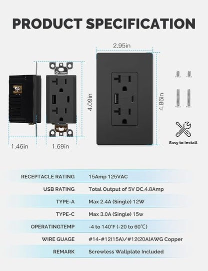MOES USB Wall Outlet 20 Amp, USB-C and USB-A 24W Charging, Black, 6 Pack