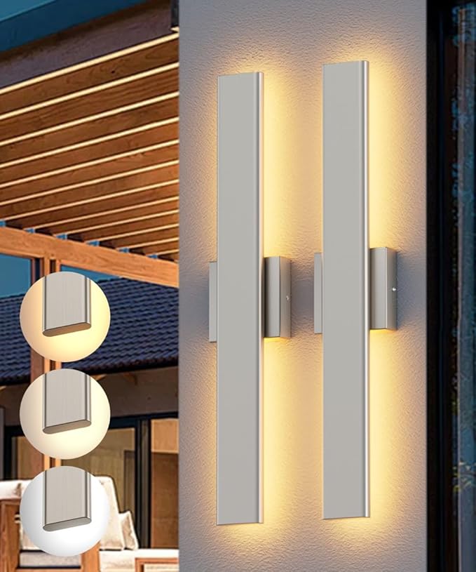 Aipsun 2 Packs Nickel Outdoor Wall Light 23.6inch Modern LED Exterior Wall Sconce, Long LED Linear Exterior Lights 3000K 4000K 6000K for Entrance, Hallway, Garage, Porch(3CCT)