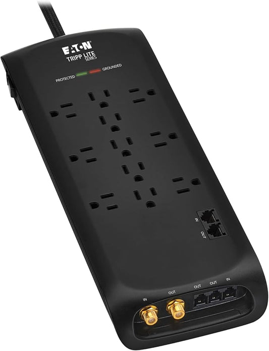 Eaton Tripp Lite Series Surge Protector Power Strip with Flat Plug Braided Extension Cord + Coax, Phone/Modem & Ethernet Ports, 4200 Joules, 8ft Cable, Manufacturer's (TLP118DBTELTV)