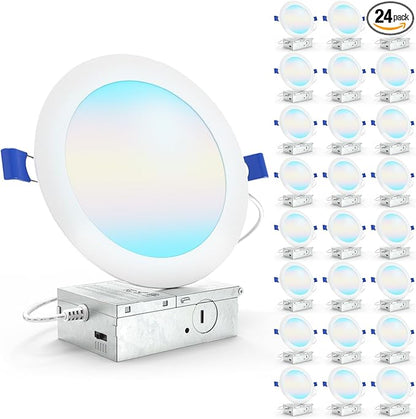 Sunco 24 Pack 6 Inch LED Recessed Light, Canless Ceiling Lights Slim with Junction Box, 1200 LM, 14W (100W Equivalent), Selectable CCT 2700K/3000K/4000K/5000K/6000K, Dimmable, Wafer Thin ETL