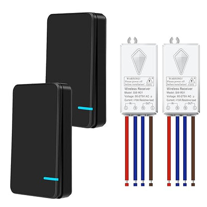 NineLeaf No Wiring Light Switch,Black Wireless Light Switch Kit Remote Control Light Switch No WiFi Needed for Renters DIY Outdoor 1969ft Indoor 328ft 1000W LED, Ceiling Lamps(2Switches 2Receivers)