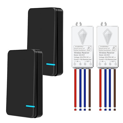 NineLeaf No Wiring Light Switch,Black Wireless Light Switch Kit Remote Control Light Switch No WiFi Needed for Renters DIY Outdoor 1969ft Indoor 328ft 1000W LED, Ceiling Lamps(2Switches 2Receivers)