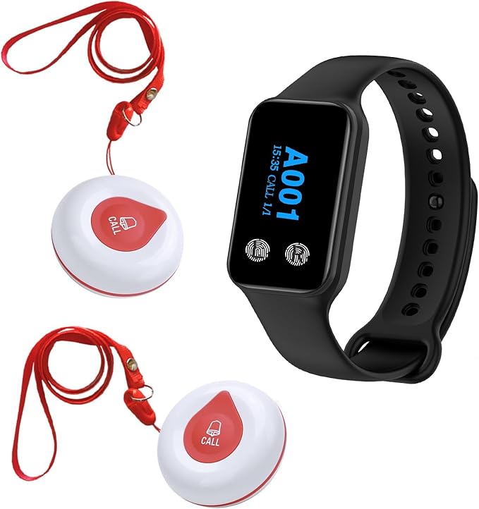 Wireless Calling System Wireless Caregiver Pager Call Button Nurse Alert System with 1 Watch Pager and 2 Call Buttons