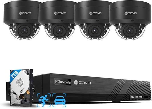 4COVR 4K PoE Security Camera System, AI Human Vehicle Detection, 4Pcs 8MP IK10 Vandal-Proof Dome IP Camera with Mic, 8CH 8MP H.265 NVR with 2TB HDD, IP67 Home Weatherproof Outdoor, LY54AB8M0804