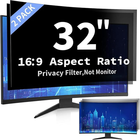 2 Pack- 32 Inch Curved Computer Privacy Screen Filter for 16:9 Widescreen Computer Monitor Computer Screen Protector Computer Screen Privacy Shield Anti Glare and Blue Light