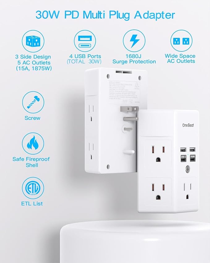 One Beat Surge Protector Wall Outlet Extender, 5 Outlets & 4 USB Ports (30W USB-C PD), 1680J, 3-Sided Multi Plug Outlet Adapter, Outlet Splitter, Wall Mount, ETL Listed for Home Office Travel-White