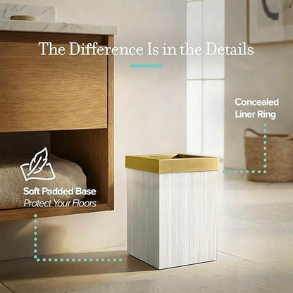 Gatco Small Bathroom Trash Can with Lid, Square 3 Gallon Wastebasket, Under Sink, White Oak with Brushed Brass, for Bathroom, Bedroom, Office (1936B)
