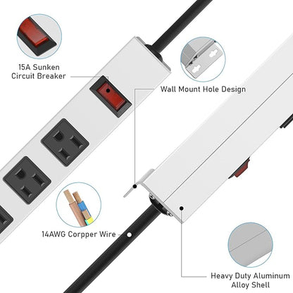 JUNNUJ Metal 12 Outlet Power Strip, Mountable Heavy Duty Power Strip, 1200J Surge Protector Wall Mount Screws Outlet with Switch, Gaming Desk Strips Wide Spaced 15A 125V 1875W, 10 FT 14AWG Power Cord